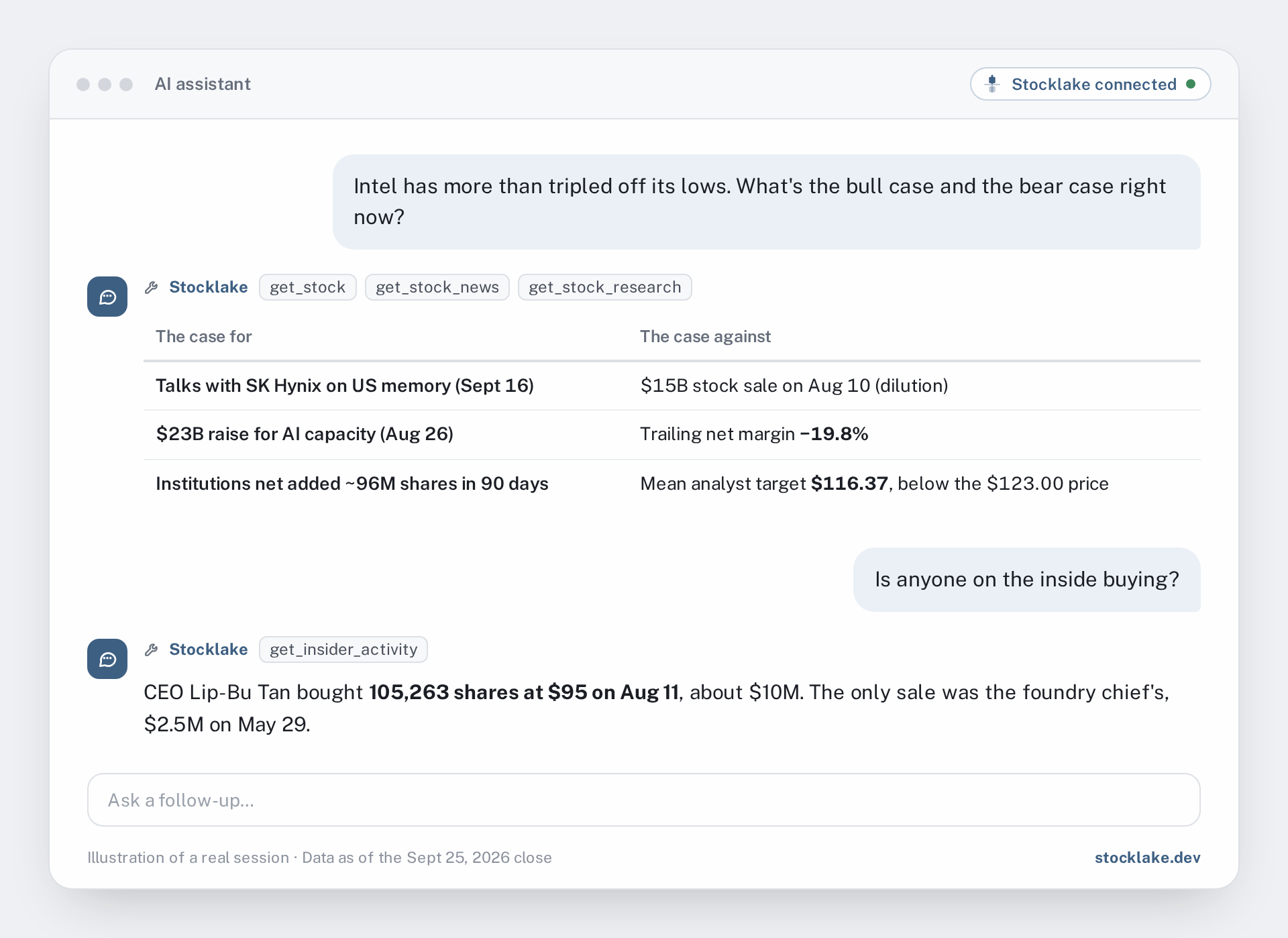 Illustration: an AI assistant listing the case for and against Intel and the CEO's August share purchase