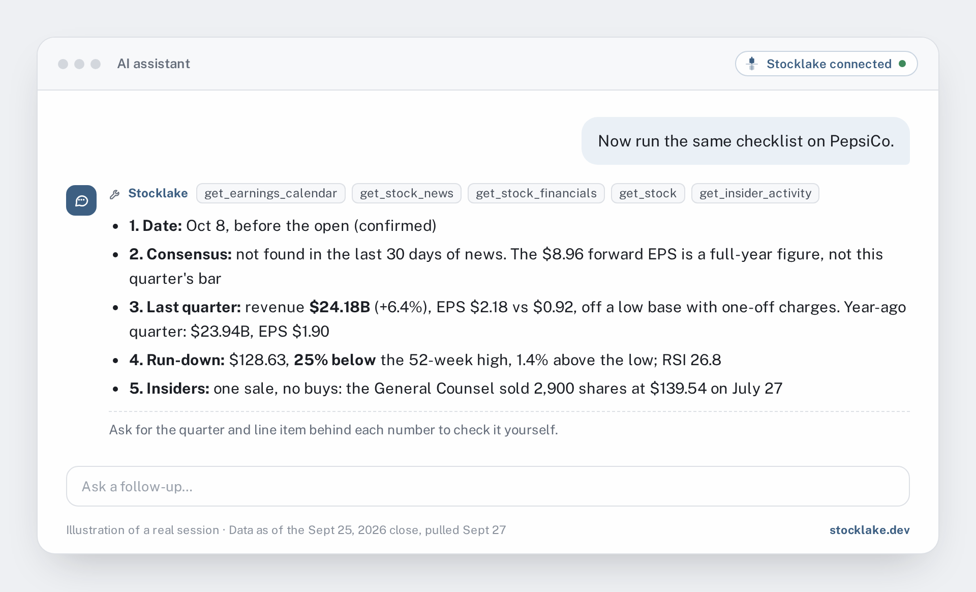 Illustration: an AI assistant running the earnings checklist on PepsiCo: Oct 8 before the open, no quarterly consensus found, last quarter's $24.18B revenue, 25% below the 52-week high and one insider sale